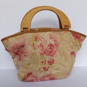 Fossil Vintage pink floral purse w/wooden handles